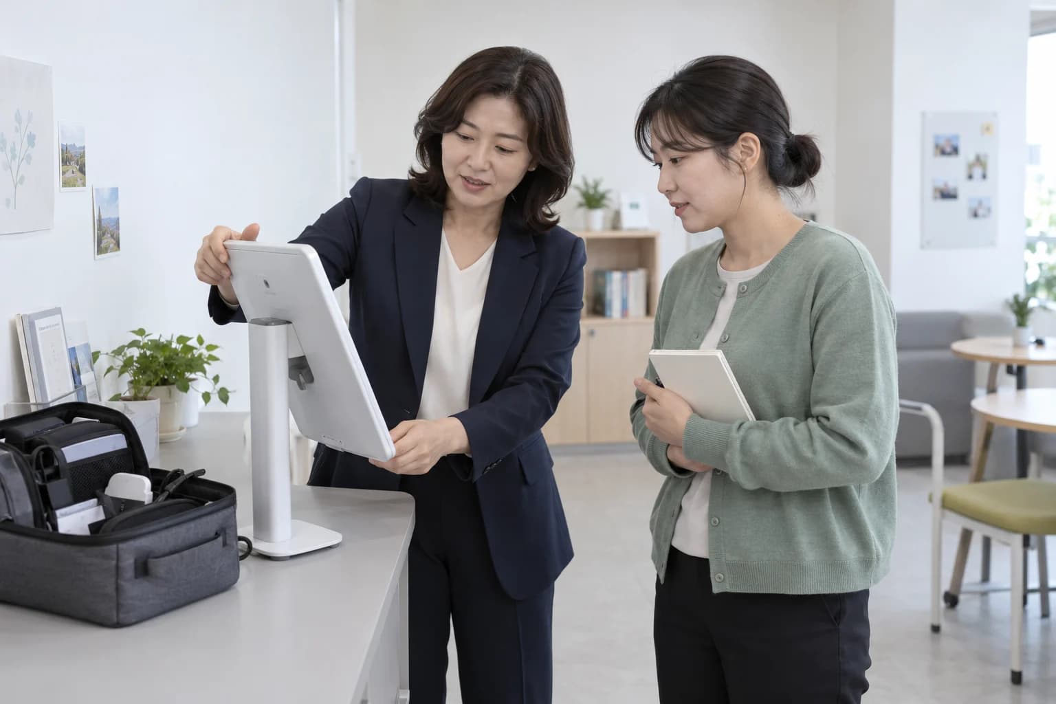현장 운영지원을 설명하는 이미지: 방문 담당자가 기관 실무자에게 건강측정 장비 설정과 운영을 안내하는 모습